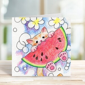 Cute Cat Printable Editable Card, Watermelon and Kitten, Summer Animal Illustration Card, CORJL Design, Instant Download