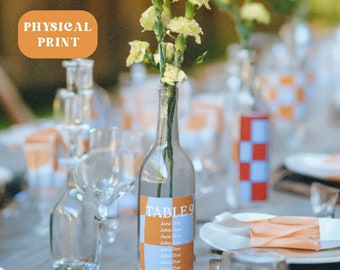 Custom Wedding Table Number Seating Chart Wine Labels | Bright, colorful wedding