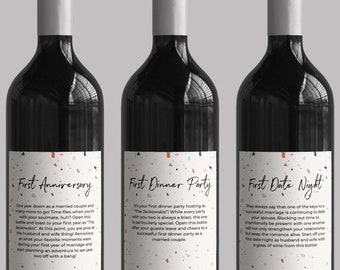 Bridal Shower Wine Labels for Marriage Milestones | Year of Firsts, engagement, wedding gifts unique terrazzo minimalistic boho custom