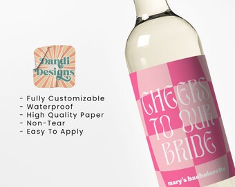 Retro Bachelorette Party Wine Labels, Personalized Pink Checkered Design