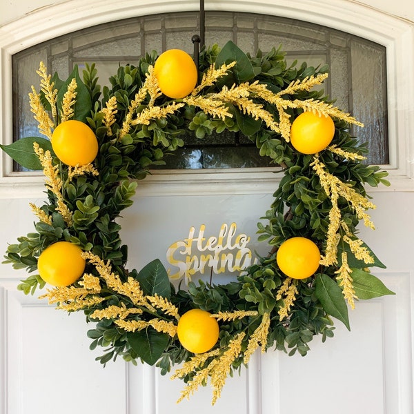 Lemon wreath, grapevine wreath, hello spring, spring wreath, boxwood wreath, yellow wreath, farmhouse wreath, cottage style wreath