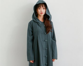 Clearance Dress Winter/Fall Heavier Cotton Hooded Coat Dress Long Sleeve Cardigan Warm Dress Linen