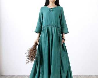 Women Cotton 3/4 Sleeves Dress Soft Casual Loose Dress Tunics Cotton Robes Maxi Dresses Customized Dress Plus Size Clothing Linen Dress