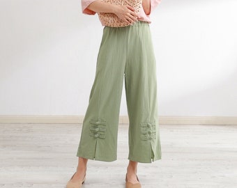 Women Elastic Waist Cotton Cropped Pants Soft Casual Loose Large Size Boho Trousers Wide Leg Pant Customized Plus Size Pants Linen Pant