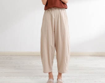 Letnie spodnie damskie Spodnie bawełniane z elastycznym pasem Miękkie, na co dzień, luźne, duże spodnie Boho Spodnie z szeroką nogawką Dostosowane spodnie w dużych rozmiarach Spodnie lniane