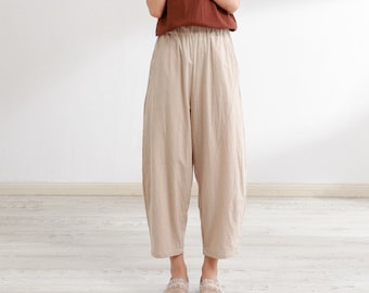 Summer Women Pant Elastic Waist Cotton Pants Soft Casual Loose Large Size Boho Trousers Wide Leg Pant Customized Plus Size Pants Linen Pant