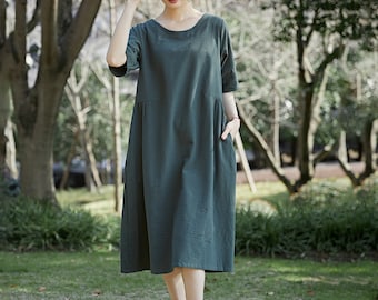 Summer Short Sleeves Dress Soft Casual Loose Dress Tunics Cotton Robes Knee Dresses Customized Dress Plus Size Clothing Linen Dress