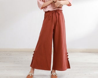 Pantaloni da donna elasticizzati in vita Pantaloni di cotone Pantaloni morbidi casual larghi Boho di grandi dimensioni Pantaloni a gamba larga Pantaloni taglie forti personalizzati Pantaloni di lino