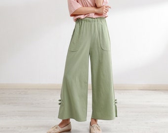 Women Elastic Waist Cotton Pants Soft Casual Loose Large Size Boho Trousers Wide Leg Pant Customized Plus Size Pants Linen Pant