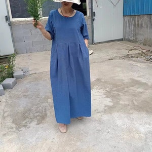 Summer Dress Half Sleeves Dress Soft Casual Loose Dress Tunics Cotton Robes Midi Dresses Customized Dress Plus Size Clothing Linen Dress