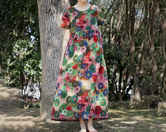 Frauen-Blumen-Baumwollkleid Halbe Ärmel Kleid Shirt Beiläufiges Loses Kleid Tunikas Gedruckte Roben Kleider Angepasstes Kleid Plus Größe Kleidung Leinen