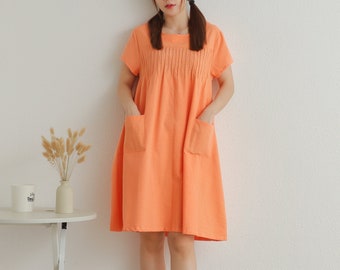 Summer Short Sleeves Dress Casual Loose Dress Tunics Cotton Robes Shift Knee Dresses Customized Dress Plus Size Clothing Linen Dress