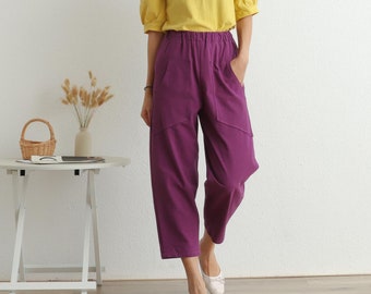 Women Elastic Waist Cotton Pants Soft Casual Loose Cropped Pant Large Size Boho Trousers Wide Leg Pant Customized Plus Size Pants Linen Pant