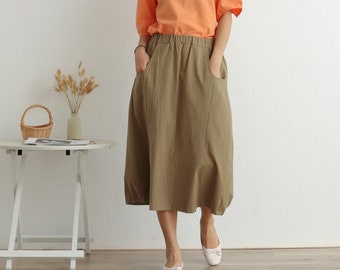 Summer Skirt Elastic Waist Skirt Cotton Skirt Casual Loose A-line Skirt Flared Midi Skirts Customized Plus Size Skirt Boho Linen Skirt