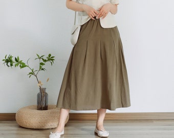Summer Elastic Waist Skirt Cotton Skirt Casual Loose Skirts A-line Skirt Flared Midi Skirts Customized Plus Size Skirt Boho Linen Skirt