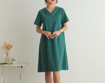 Sommer-Kurze Ärmel-Kleid-Hemd Lässiges Lockeres Kleid Tunikas Baumwolle Roben Knie Kleider Maßgeschneiderte Kleid Plus Size Kleidung Leinen Kleid