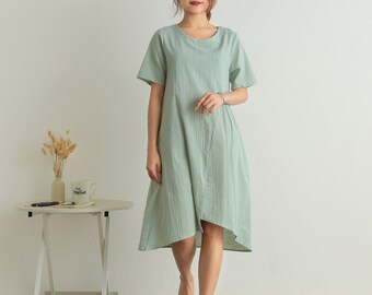 Summer Short Sleeves Dress Soft Casual Loose Dress Tunics Cotton Robes Knee Dresses Customized Dress Plus Size Clothing Linen Dress Dress