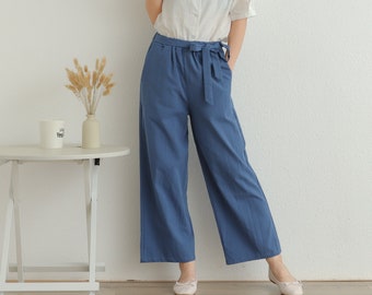 Frauen Elastische Taille Hose Baumwollhose Weich Beiläufig Lose Große Größe Boho Hose Weites Bein Hose Angepasst Plus Größe Leinenhose