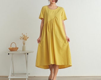 Summer Short Sleeves Dress Soft Casual Loose Dress Tunics Cotton Robes Midi Dresses Customized Dress Plus Size Clothing Linen Dress Dress