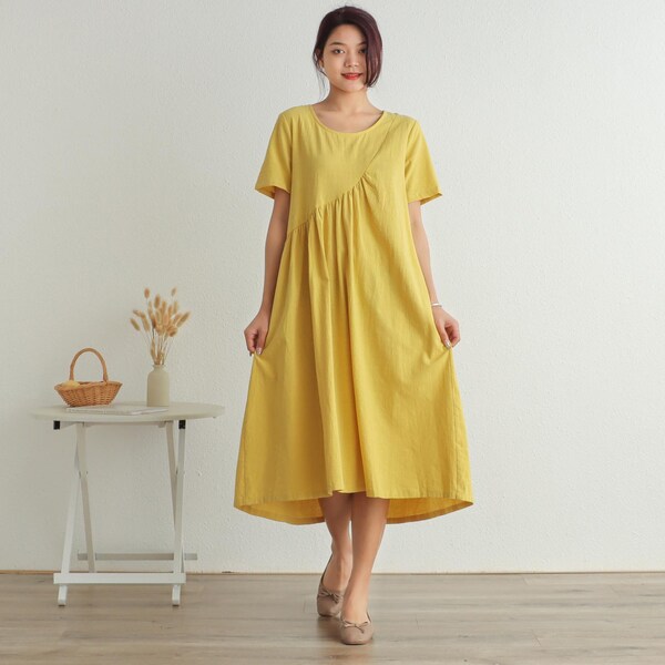 Summer Short Sleeves Dress Soft Casual Loose Dress Tunics Cotton Robes Midi Dresses Customized Dress Plus Size Clothing Linen Dress Dress