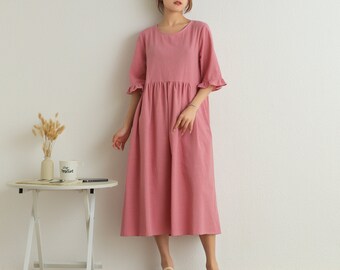 Summer Cotton Dress Half Sleeves Dress Casual Loose Dress Tunics Cotton Robes Midi Dresses Customized Dress Plus Size Clothing Linen Dress