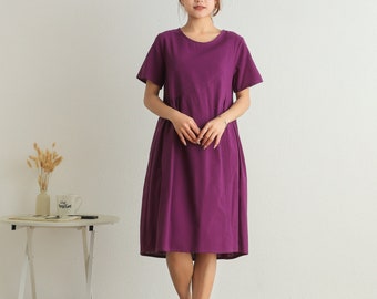 Summer Short Sleeves Dress Soft Casual Loose Dress Tunics Cotton Robes Midi Dresses Customized Dress Plus Size Clothing Linen Dress