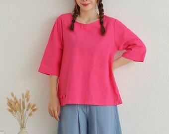 Sommer-Baumwolloberteile Halbe Ärmel Retro Bluse Lässige Lose Kimono Angepasstes Hemd Pullover Top Handgemachte Übergröße Kleidung Leinenbluse