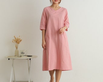 Women Cotton 3/4 Sleeves Dress Soft Casual Loose Dress Tunics Cotton Robes Midi Dresses Customized Dress Plus Size Clothing Linen Dress