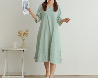 Robe d'été Robe à manches longues décontractée Robe ample Tuniques Robes droites au genou en coton Robe personnalisée Vêtements grande taille Robe en lin