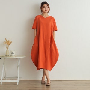 Summer Short Sleeves Dress Soft Casual Loose Dress Tunics Cotton Robes Midi Dresses Customized Dress Plus Size Clothing Linen Dress