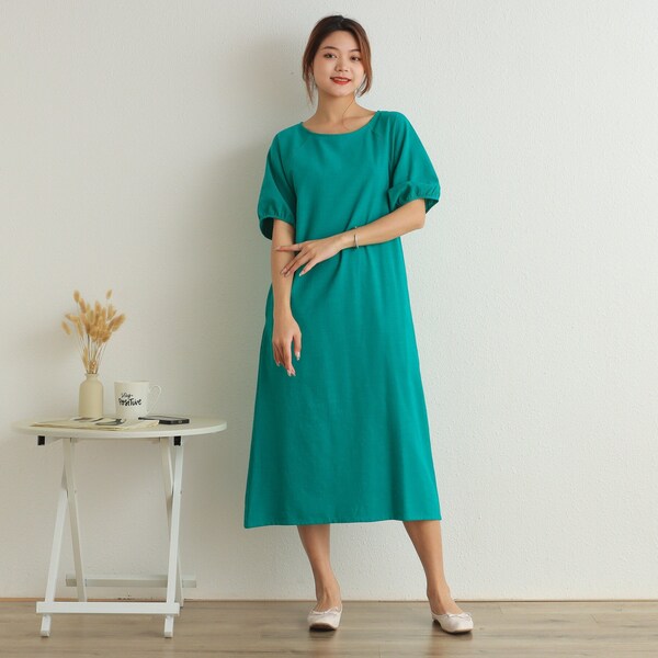 Summer Short Sleeves Dress Shirt Casual Loose Dress Tunics Cotton Robes Midi Dresses Customized Dress Plus Size Clothing Linen Dress