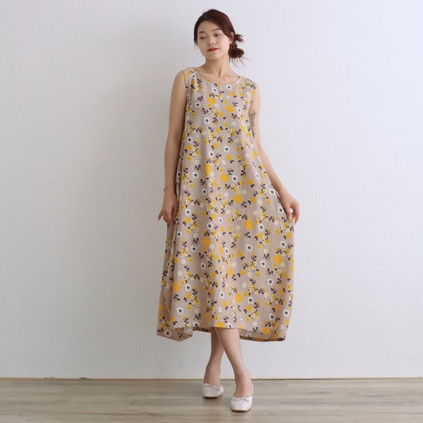 Printed Cotton Dress Summer Dress Sleeveless Floral Sundress Casual Loose Dress A-line Midi Dresses Customized Dress Plus Size Linen Dress