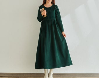 Winter/Fall Dress Cotton Corduroy Dress Long Sleeves Tunics Dress Loose Warm Dress Customized Midi Dress Hand Made Plus Size Corduroy Robe