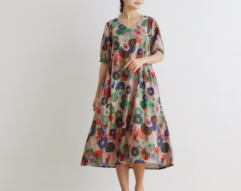 Women Floral Dress Cotton Dress Half Sleeves Dress V-neck Casual Loose Dress Tunics Printed Dress Customized Plus Size Clothing Linen Dress