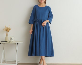 Women Summer Cotton 3/4 Sleeves Dress Soft Casual Loose Dress Tunics Cotton Robes Midi Dresses Customized Dress Plus Size Clothing Linen