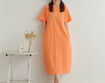 Summer Short Sleeves Dress Soft Casual Loose Dress Tunics Cotton Robes Midi Dresses Customized Dress Plus Size Clothing Linen Dress