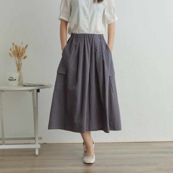Summer Elastic Waist Skirt Cotton Skirt Casual Loose Skirts A-line Skirt Flared Midi Skirts Customized Plus Size Skirt Boho Linen Skirt