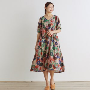 Women Floral Dress Cotton Dress Half Sleeves Dress V-neck Casual Loose Dress Tunics Printed Dress Customized Plus Size Clothing Linen Dress