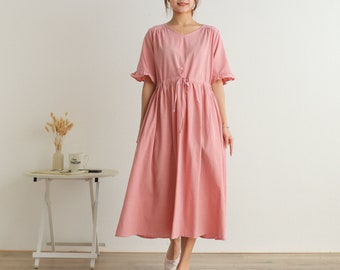 Summer Half Sleeves Dress Soft Casual Loose Dress Tunics Cotton Robes Midi Dresses Customized Dress Plus Size Clothing Linen Dress Dress