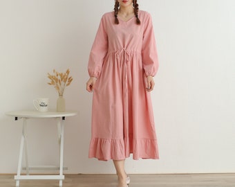 Cotton Dress Casual Loose Robes Long Sleeves Shift Tunics Boho Dress Midi Retro Dresses Customized Dress Plus Size Clothing Linen Dress