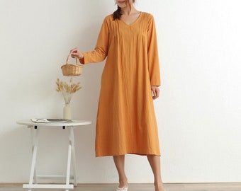 Cotton Dress Casual Loose Robes V-neck Long Sleeves Shift Dress Boho A-line Midi Retro Dresses Customized Dress Plus Size Clothing Linen