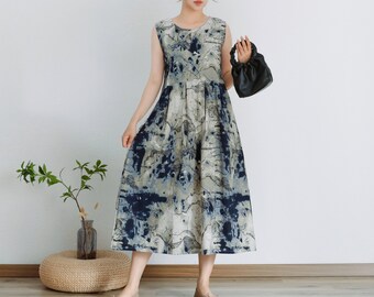 Printed Cotton Dress Summer Dress Sleeveless Floral Sundress Casual Loose Dress Tunics Midi Dresses Customized Dress Plus Size Linen Dress