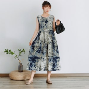 Printed Cotton Dress Summer Dress Sleeveless Floral Sundress Casual Loose Dress Tunics Midi Dresses Customized Dress Plus Size Linen Dress