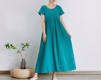 Summer Dress Short Sleeves Dress Soft Casual Loose Dress Tunics Cotton Robes Maxi Dresses Customized Dress Plus Size Clothing Linen Dress