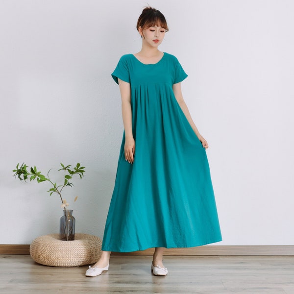 Summer Dress Short Sleeves Dress Soft Casual Loose Dress Tunics Cotton Robes Maxi Dresses Customized Dress Plus Size Clothing Linen Dress