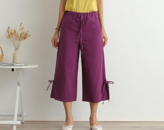 Women Elastic Waist Pant Cotton Cropped Pants Soft Casual Loose Large Size Boho Trousers Wide Leg Shorts Customized Plus Size Pants Linen