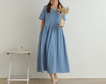 Summer Short Sleeves Dress Soft Casual Loose Dress Tunics Cotton Robes Midi Dresses Customized Dress Plus Size Clothing Linen dress Dress