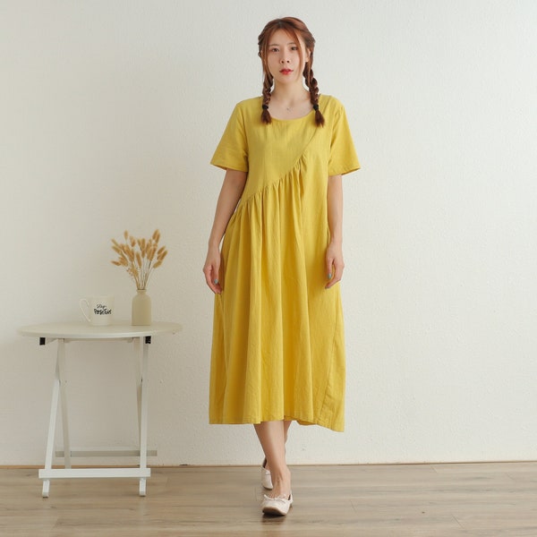 Summer Short Sleeves Dress Soft Casual Loose Dress Tunics Cotton Robes Midi Dresses Customized Dress Plus Size Clothing Linen Dress Dress