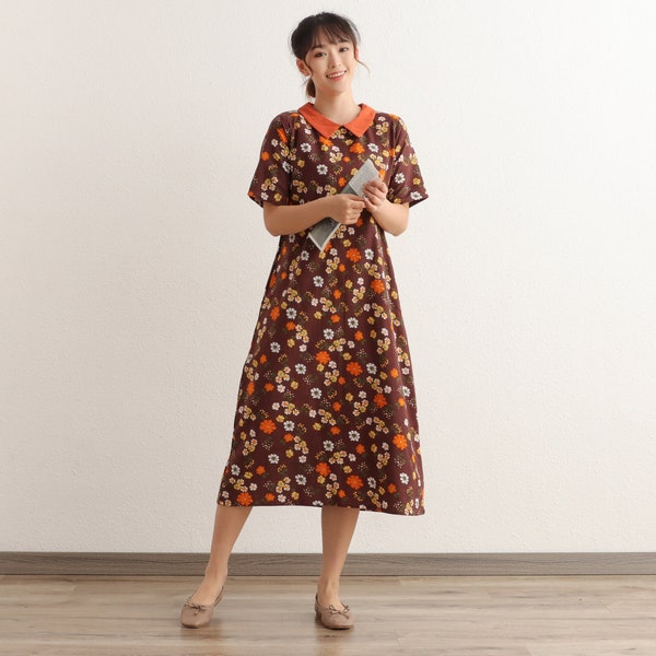 Summer Dresses Short Sleeves Dress Floral Casual Loose Dress Tunics Cotton Robes Midi Dresses Customized Dress Plus Size Linen Dress Dress