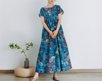 Bedrucktes Sommerkleid Kurze Ärmel Baumwollkleid Sommerkleid Lose Blumenkleid Tuniken Maxikleider Maßgeschneidertes Kleid Plus Kleidung Leinenkleid